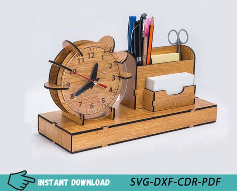 Laser Cut Organizer Clock Pen Slip Pad Holder Vector Plan, Wooden Desktop Organizer with Clock Template, SVG DXF Pdf Format, 6mm MDF Design It isn't the real product, it's the file that you can download. The following file formats are available for download after your payment ( SVG, DXF, CDR, PDF). If you need another file type, please contact me. I'll be converted for you. 🌟 Laser cut files for 6mm material 🌟 Note : the dimensions are resizable, you can easily modify them to have the desired Clock Template, Clock Card, Laser Cut Mdf, Desktop Clock, Laser Cut Wood Crafts, Woodworking Tools Workshop, Laser Engraved Ideas, Cdr File, Wooden Clock