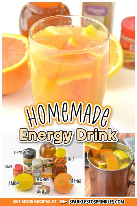 This homemade energy drink is just what you have been searching for to give you the boost of energy you desire. This healthy homemade energy drink hydrates and energizes and is full of healthy ingredients like oranges, lemons, cardamom, cinnamon, ginger, honey, and water. Once you try this, it will be the only energy drink you will crave. How To Make Natural Energy Drink, Natural Morning Energy Drinks, All Natural Energy Drink, V8 Energy Drink Recipe, Healthy Drink Alternatives, Drinks That Give You Energy, Caffeine Free Energy Boosters, Home Made Energy Drinks, Healthy Homemade Energy Drinks