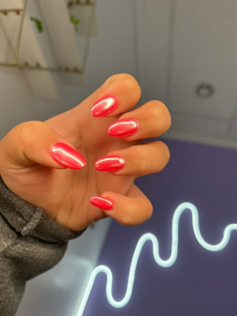 Red An Pink Nails, Hot Pink Chrome Acrylic Nails, Coral Chrome Nails Designs, Colorful Crome Nails, Red Nails With Pink Chrome, Red Pink Chrome Nails, Salmon Chrome Nails, Big Apple Red Almond Nails, Pink And Red Chrome Nails