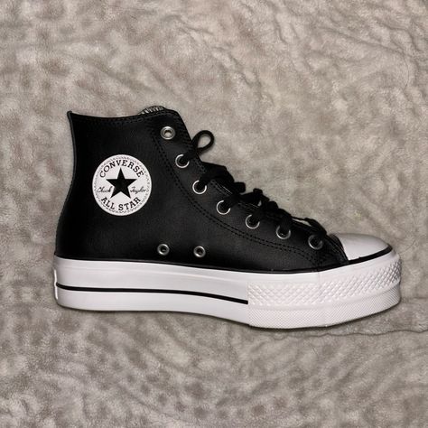 Black Leather High Top Platform Converse! Never Worn! Just Tried On With Outfits! Platform High Tops Outfit, Converse Platform High Tops, Platform High Top Converse, Platform High Tops, High Top Platform Converse, High Tops Outfit, Converse Platform, High Top Converse, Platform Converse