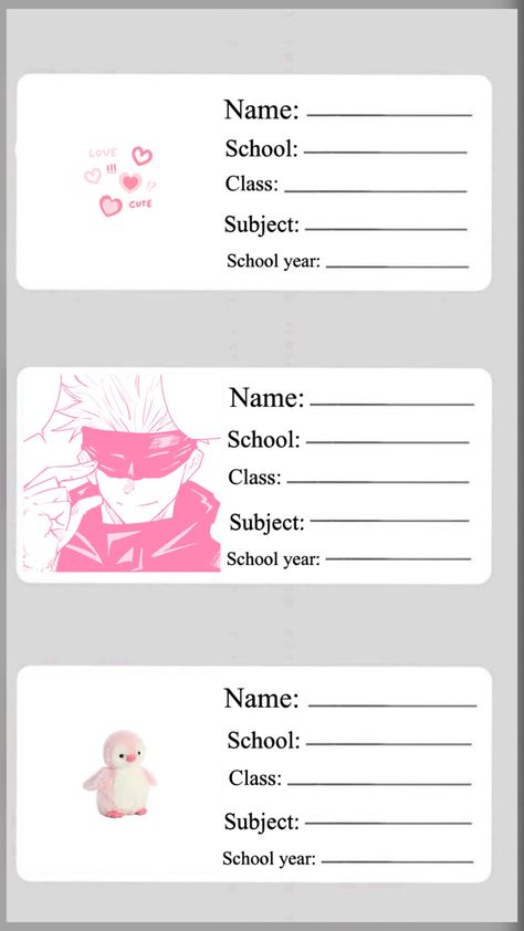 Name Tag Anime Design, Aesthetic Name Slips For Notebook, Name Tag Design For Notebook, Pink Name Tag Template, Label Design For Notebooks, Name Stickers For School Aesthetic, Name Slips For Notebook Printable, Notebook Label Ideas, Name Template For Notebook