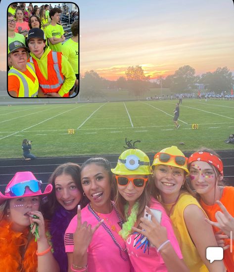 Glow In The Dark Football Theme, Football Game Neon Theme, Fnl Neon Out, Neon Outfit Ideas For Football Games, Neon Construction Football Theme, Neon Football Game Outfit, Neon Outfits Ideas, Neon Night Football High Schools, Neon Fnl Outfit