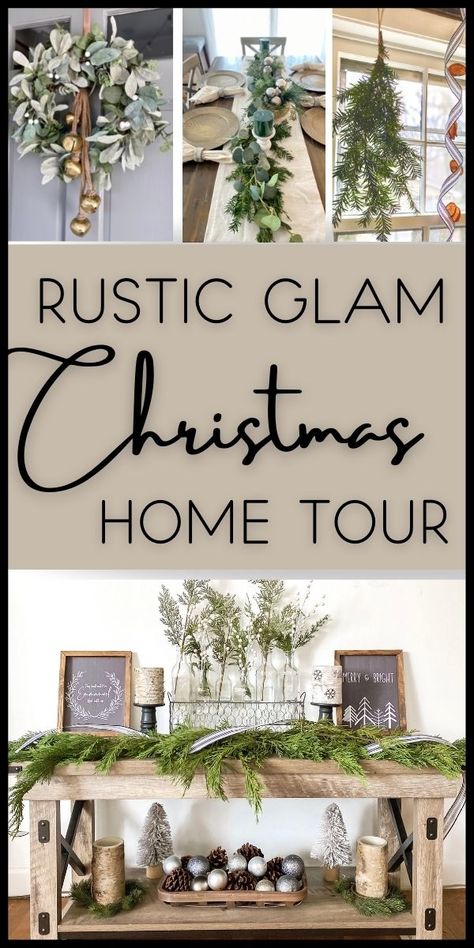 If you like cozy but sparkly for Christmas, take a look at this my rustic glam Christmas home tour! This is a mix of farmhouse cozy, modern sleek and Christmas sparkle! Budget-friendly ideas for the entire house! Rustic Decor Christmas, Contemporary Farmhouse Christmas Decor, Modern Farmhouse Holiday Decor, Farmhouse Christmas Window Decor, Christmas Rustic Decorations, Christmas Tour Of Homes Decorating Ideas, Elegant Rustic Christmas Decor, Winter Rustic Decor, Farmhouse Chic Christmas Tree