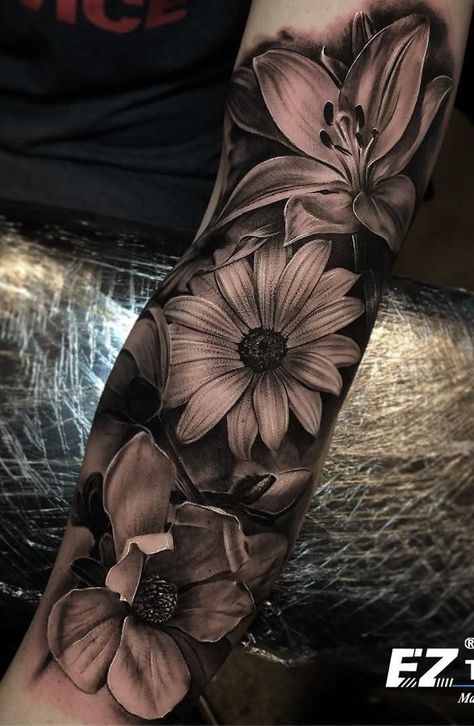 Cover Up Forearm Tattoos, Easy Half Sleeve Tattoos, Womens Half Sleeve, Lillies Tattoo, Tattoo Pics, Tattoo Placements, Birthday Tattoo, Floral Tattoos, Forarm Tattoos