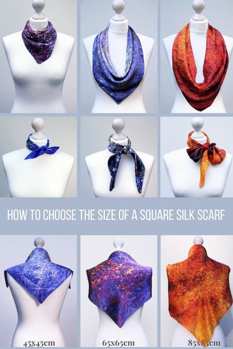 How To Style Vintage Scarf, Vintage Scarf Ideas, Vintage Scarf Outfit, Scarf Sizes, Silk Scarf Outfit, Scarf Styling, Sewing Measurements, Silk Scarfs, Scarf Knots