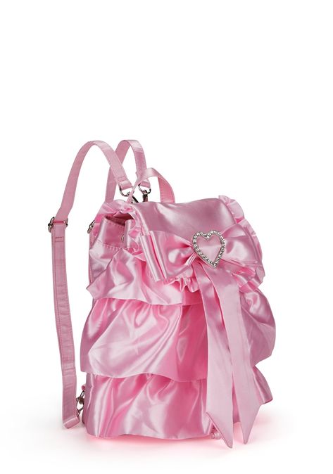 cuz you're gonna rule the school. This mini backpack has a satin construction, a ruffled trim, an inner patch pocket, drawstring ties, detachable and adjustable shoulder straps, a top flap with a ribbon and rhinestone heart, and a snap button closure. Sugar Thrillz, Girly Bags, Pink Girly Things, Girly Accessories, Pink Purse, Pretty Bags, Rhinestone Heart, Pink Backpack, Cute Purses