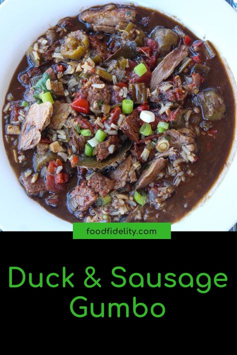 Flavorful duck and sausage gumbo recipe with deep smokey undertones, thickened with both okra and file, and complmented with a simple and easy dark oven baked roux. #gumborecipe #andouille #creole www.foodfidelity.com Duck Gumbo, Gumbo Recipe Crockpot, Sausage Gumbo Recipe, Savory Lunch, Mains Recipes, Gumbo Recipe Sausage, Creole Food, Smoked Duck, New Orleans Recipes