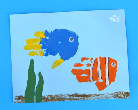 Handprint Fish, Dory And Nemo, Fish Handprint, Disney Lessons, Nemo Fish, Dance Camp, Footprint Crafts, Children's Activities, Fish Crafts