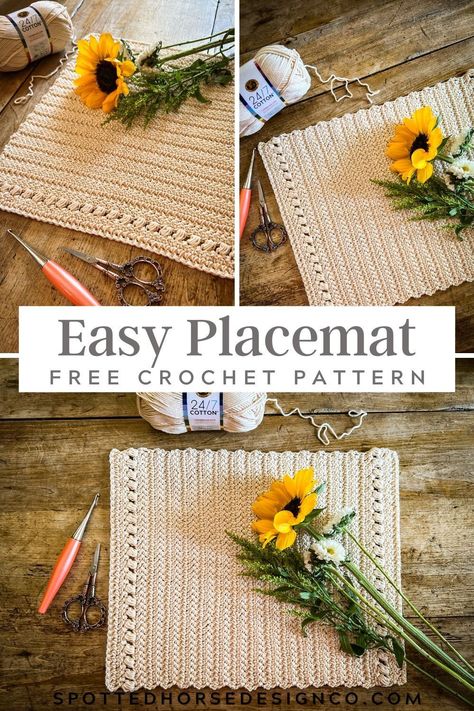 This is a free crochet placemat pattern featuring the herringbone double crochet stitch. Use this lovely placemat to add simplicity and elegance to your table setting. Easy Crochet Rectangle Placemat, Crochet Holiday Placemats Free Pattern, Place Mat Crochet Free Pattern, Crochet Placement Free Pattern, Crochet Dish Mat Free Pattern, Crochet Circular Placemat, Crochet Patterns Placemats, Crochet Table Placemats Free Pattern, Crochet Cotton Placemats Free Pattern