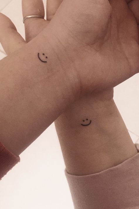 Smiley Face Small Tattoo, Cute Small Tattoos Smiley Face, Matching Tattoos Smiley Face, Dainty Smiley Face Tattoo, Smiley Face Tattoo Wrist, Small Smiley Tattoo, Matching Smiley Face Tattoos, Smile Tatoos Ideas, Winky Face Tattoo