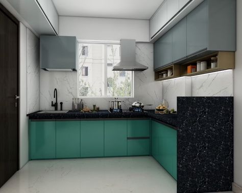 L Shape Modular Kitchen Design With Sea Green And Silver Frost Kitchen Cabinets | Livspace Modular Kitchen Design L Shape, L Shaped Kitchen Interior, U Shaped Modular Kitchen Design, Small Kitchen Modular Design, L Shaped Kitchen Cabinets, Modern L Shaped Kitchens, L Shape Kitchen Design, L Shape Kitchen, L Shaped Modular Kitchen