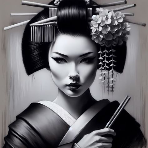 Geisha Portrait - Monochrome Drawing - A.D. Visual Japanese Geisha Drawing, Japanese Reference, Geisha Portrait, Geisha Drawing, Hair With Flowers, Monochrome Drawing, Christ The Redeemer Statue, Samurai Tattoo Design, Styled Hair