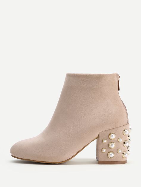 Faux Pearl Back Zipper Ankle Boots -SheIn(Sheinside) Boots Outfit Ankle, Chanel Boots, Fashion Shoes Sandals, Cinderella Shoes, Low Heel Boots, Girls Shoes Kids, Beautiful Boots, Fashion High Heels, Dream Shoes