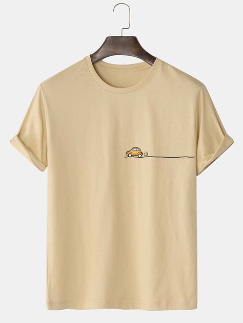 Apricot Casual  Short Sleeve Cotton Car  Embellished Non-Stretch Summer Men Tops Minimal Tshirt Design For Men, Mens Tshirts Design Ideas, T Shirt Painting For Men, Ideas For Tshirt Design, Tshirt Painting For Men, Trendy Shirt Designs For Men, Mens Tshirt Print Design, Teshert Design, Men T Shirt Design Ideas