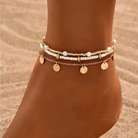 Gold Tone 3pcs Anklet Cute Beaded Anklets, Cute Anklets Diy, Unique Anklets, Ankle Accessories, Ankle Bracelets Boho, Golden Poppy, Cute Anklets, Mexico Cruise, Anklet Set