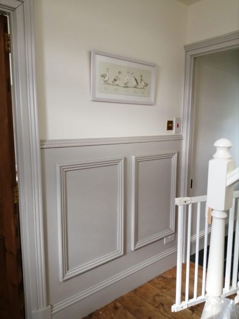 Top - F&B Pointing, Bottom -F&B Cornforth White Cornforth White Woodwork, Grey Panelled Hallway, Painted Doors And Skirting, Pointing Farrow And Ball Hallway, Living Room Panelling Colour Ideas, Painted Waistcoating, Farrow And Ball Panelling, Pointing Farrow And Ball, Cornforth White Bedroom