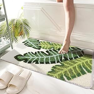 ZGXL Leaves Bath Mat Green Area Rug Non-Slip Soft Absorbent Bathroom Rugs Machine Washable Bath Rug Floor Carpet Entryway Door Mat for Tub Shower Decor 17.5 X 25.5 Inches Green Gold Bathroom Decor, Green Grey Black Bathroom, Peaceful Bathroom Decor, Jungle Theme Bathroom Ideas, Green And Gold Bathroom Ideas, Safari Bathroom Ideas, Jungle Theme Bathroom, Cute Bathroom Themes, Entryway Door Mat