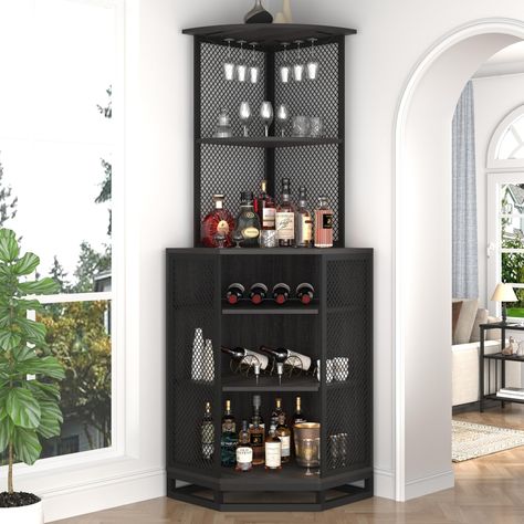 PRICES MAY VARY. Space Optimization: This dark gray corner bar cabinet is the perfect solution for addressing limited small space concerns. Its unique design maximizes the use of room corners, creating valuable additional storage while offering outstanding decorative appeal. Multi-Level Storage: This tall wine cabinet provides five spacious shelves capable of accommodating various sizes and shapes of wine bottles, glasses, and beverages. You can easily organize your wine collection, making it ea Corner Liquor Cabinet, Corner Bar Ideas, Home Bar Unit, Corner Wine Cabinet, Cabinet With Wine Rack, Corner Bar Cabinet, Living Room Dark, Rack Industrial, Corner Bar