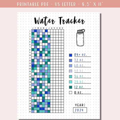 Yearly Water Tracker Printable / Health Tracker / Wellness Journal / Bullet Journal / Planner Insert / Printable PDF - Etsy bulletjournalvisionboard #scheduleplanner #happyplannerstickers Journal Health Ideas, Water Intake Bullet Journal, Journal Ideas Water Tracker, Yearly Water Tracker, Water Log Bullet Journal, Water Bullet Journal, Water Tracker Journal, Bujo Water Tracker, Water Tracker Ideas