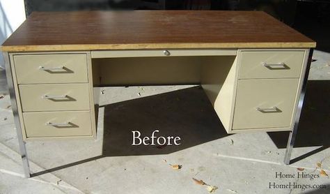 Roundup: 10 Delightful Desk Makeovers - Curbly Office Desk Makeover, Painted Metal Desks, Metal Desk Makeover, Refinished Desk, Metal Office Desk, Neat Desk, Desk Makeover Diy, Desk Redo, Desk Chair Comfy