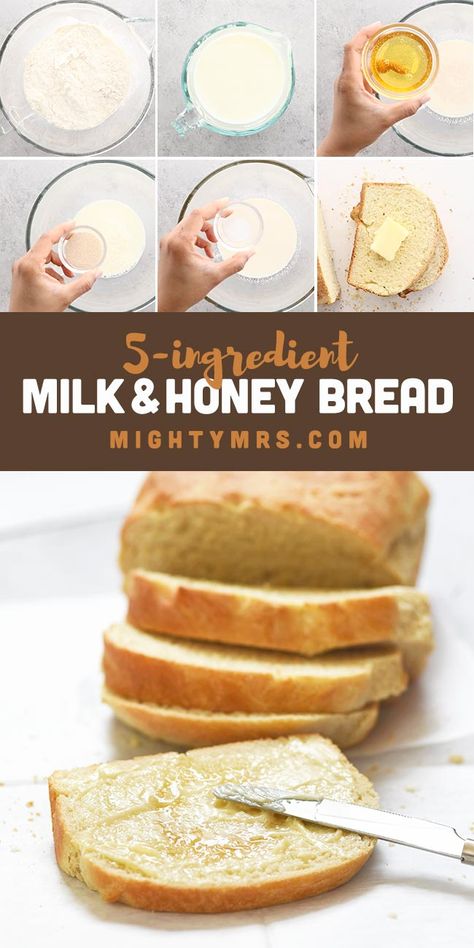 Milk and Honey Bread - This easy sweet bread recipe is delicious served warm with butter. Smells so good too! Just 5 ingredients, 2 minutes of kneading, and an hour of rising. This 5 ingredient bread recipe is made with honey and milk, salt, bread flour and yeast. Get tips and tricks to nail it on the first try. The mildly sweet and creamy flavor make this homemade bread unqiue and perfect for breakfast or to serve with dinner. Homemade Bread With Milk, Homemade Bread With Fast Rising Yeast, First Time Making Bread, Bread Recipe Using Bread Flour, Sweet Milk Bread Recipe, Yeast Bread Recipes Kitchenaid, Homemade Honey Bread Recipes, Sweet Honey Bread Recipe, Homemade Bread Instant Yeast