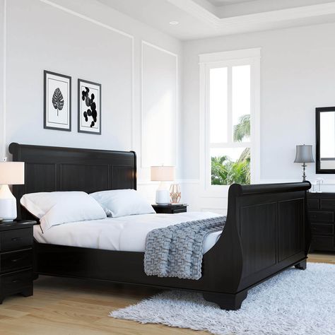 If you’re looking for a sleigh bed to add lots of personality and a nice dose of whimsy to your bedroom, then look no further than our Majorca Contemporary Solid Wood Platform Sleigh Bed! It’s got style, panache and a hefty dose of design detailing that’ll definitely add to the beauty of your bedrooms! This solid hardwood sleigh platform bed has an incredible stylistic expression. The height difference between the headboard and footboard is deliberately smaller to enhance and highlight the ‘slei Black Sleigh Beds, Wood Sleigh Bed, Sleigh Bed Frame, Bed Makeover, Contemporary Platform Bed, Austin House, Sleigh Bedroom Set, Black Bed Frame, Black Bed