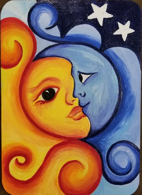 Drawing Ideas Sun And Moon, Complimentary Colors Art, Suns With Faces, Moon And Sun Drawing, Sun Moon Drawing, Sun Moon Painting, Easy Cute Paintings, Moon And Sun Art, Sun Drawings