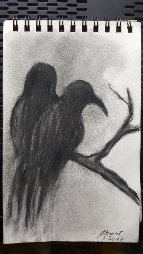 Crow On A Branch, Easy Charcoal Drawings, Charcoal Drawing Tutorial, Crows Drawing, Scary Drawings, Pencil Drawing Tutorials, Notebook Art, Charcoal Sketch, Deep Art