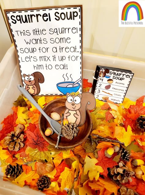 Squirrel Soup Preschool, November Sensory Table Ideas, Nut Activities For Preschool, Autumn Animal Activities, Tree Study Creative Curriculum Preschool Art, Autumn Animals Preschool Activities, Fall Theme Sensory Bin, Squirrel Activity Preschool, Feed The Squirrel Preschool