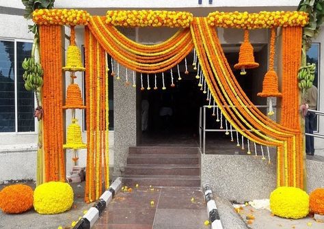 Marigold Entrance by Priti Nagpal. #housewarmingceremony #housewarming #houseparty #housedecor #homedecor #entrancedecor #homeentrancedecor #houseceremony #entrance #floralentrance #traditionalentrance #entrancedecor #marigoldentrance #marigolddecor House Decoration For Wedding Indian, Marigold Wedding Decoration, Diwali Decorations At Home, Wedding Background Decoration, Housewarming Decorations, Wedding Entrance Decor, Mandap Decor, Marriage Decoration, Desi Wedding Decor