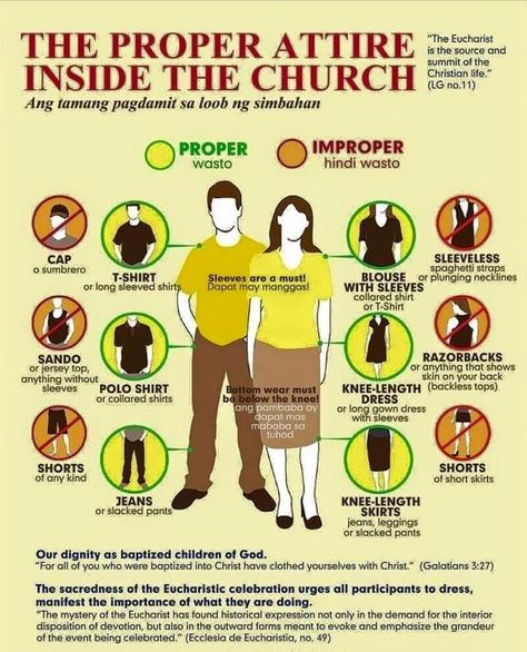 This poster depicts what men and women can and cannot wear in a church setting. Corporal Works Of Mercy, Dress Etiquette, Proper Attire, Church Attire, Church Dress, Long Gown Dress, Eucharist, Church Dresses, Church Outfits