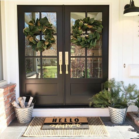 Black Double Front Door, Front Entry Decor, Black Exterior Doors, Double Door Entryway, Double Door Entrance, Double Doors Exterior, Front Door Styles, Black Farmhouse, Farmhouse Front Door