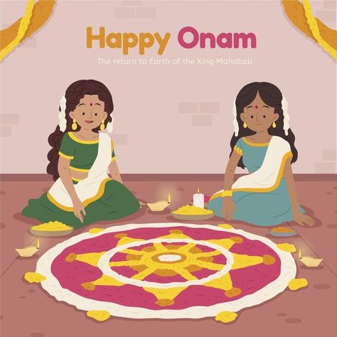 Cartoon indian onam illustration | Free Vector #Freepik #freevector #cartoon #celebration #india #holiday Onam Illustration Art, Onam Illustration, Onam Drawing, Drawing Ideas Cartoon, Onam Pookalam, Illustration Indian, Onam Celebration, Happy Onam, Children's Illustration