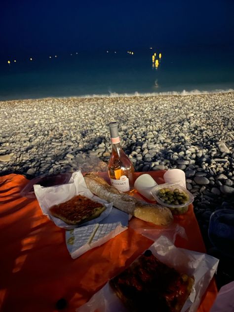 beach picnic wine night french food french night Nice France beach at night Late Night Picnic, Nice France Beach, Picnic Wine, France Beach, Night Picnic, Beach Dinner, France Aesthetic, Beach At Night, Beach Meals