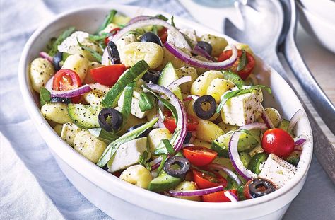 Greek-Style Gnocchi Salad Recipe | Greek Salad | Tesco Real Food Gnocchi Salad Recipes, Gnocchi Salad, Tesco Real Food, Gnocchi Recipes, Easy Family Dinners, Greek Salad, Vegetarian Recipes Dinner, Vegetarian Dinner, Pasta Salad Recipes