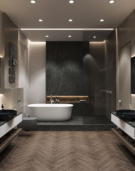 Modern Master Bathrooms 2024 Trends, Bathroom Interior Design Modern Master Bath, Dark Modern Bathroom, Master Bathrooms Luxury, Modern Washroom Design, Apartment Bathroom Design, Toilet Design Modern, Modern Master Bath, Bathroom Interior Design Modern