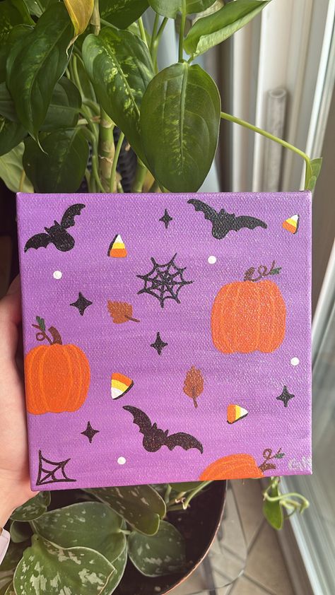 Hand Painted Canvas with halloween pattern Pumpkin Painting Easy Canvas, Halloween Painting Easy Step By Step, Spookify Paintings, Witch Painting Ideas On Canvas, Easy Canvas Halloween Painting, Pastel Halloween Painting, Easy Painting Ideas Halloween, Pics To Paint On Canvas, Fall Painting Ideas Easy Simple