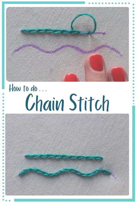 Learn how to do Chain stitch in 4 simple steps! How To Embroider Chain Stitch, How To Chain Stitch, Chain Stitch Letters, How To Chain Stitch Embroidery, Chain Embroidery Stitch, How To Embroider Letters, Hand Embroidery Letters, Stitch Types, Sewing Club