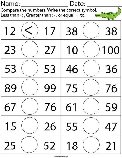 Comparing two-digit numbers Math Worksheet - Twisty Noodle | Kindergarten math worksheets free, Math, First grade math worksheets Greater Lesser Equal Worksheets, Numbers Up To 100 Worksheets, Comparing Numbers Worksheet Grade 1, Capacity Worksheets, Comparing Numbers Worksheet, Number Line Activities, Easy Math Worksheets, Line Tracing Worksheets, Elementary Worksheets