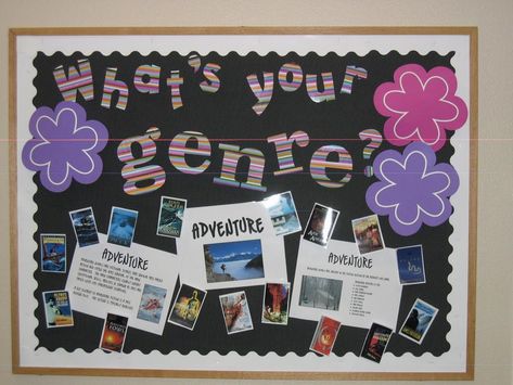 Library Bulletin Boards and Display Ideas - Kids Art & Craft Genre Bulletin Boards, Book Bulletin Board, School Library Bulletin Boards, October Bulletin Boards, Bulletin Boards Theme, Interactive Bulletin Boards, High School Literature, School Library Displays, Library Bulletin Board