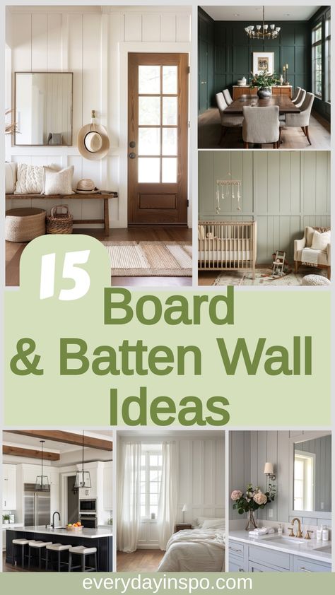 Get a vintage-inspired board and batten wall in your home by following these 15 tips. Board And Batten Wall Bedroom With Shelf, Board And Batten Revere Pewter, Board And Batten Full Wall Living Room, Board And Batten Wall In Kitchen, Board And Batten Kitchen Walls, Farmhouse Board And Batten, Batten Walls, Green Walls Living Room, Batten Wall