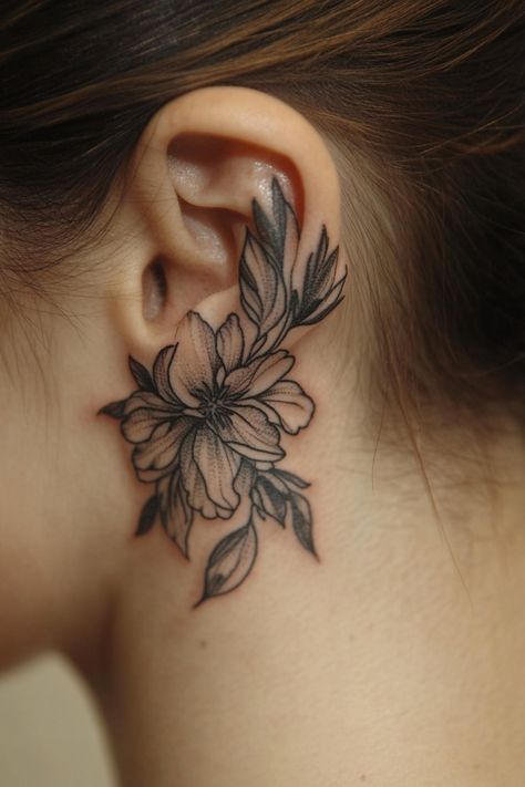 Floral tattoo behind ear with leaves. Women’s Behind The Ear Tattoo, Behing The Ear Tattoo, Flowers Behind Ear Tattoo, Behind The Ear Tats, Tattoo Locations, Ear Tats, Behind The Ear Tattoo Ideas, Cover Up Tattoos For Women, Behind The Ear Tattoo