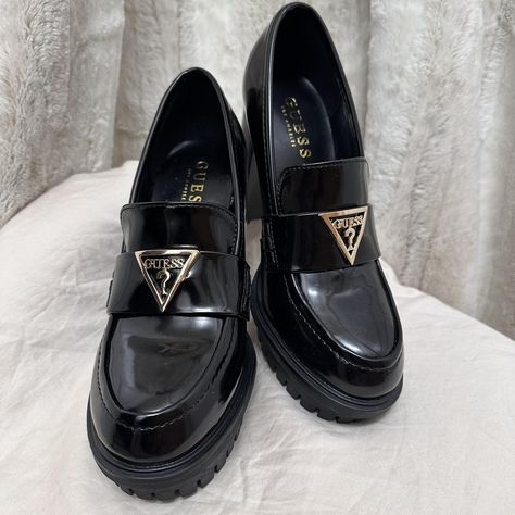 Classy High heeled black chunky loafers by Guess.... - Depop Guess Loafers Outfit, Guess Loafers, Heels High Classy, Heel Loafers, Loafers Outfit, Guess Heels, Chunky Loafers, Black High Heels, Heeled Loafers