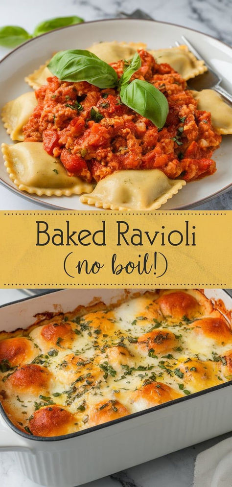 Easy Baked Ravioli (No Boil!) – Make dinnertime a breeze with this no-boil baked ravioli! Layered with marinara, cheese, and frozen ravioli, it’s a simple, delicious meal ready in under an hour. Easy Frozen Ravioli Bake, Recipes With Frozen Ravioli Easy Dinners, Ravioli Bake Frozen, Baked Lobster Ravioli Casserole, Refrigerated Ravioli Recipes, Baked Ravioli Frozen, Frozen Cheese Ravioli Recipe, Frozen Ravioli Casserole, 4 Cheese Ravioli Recipe