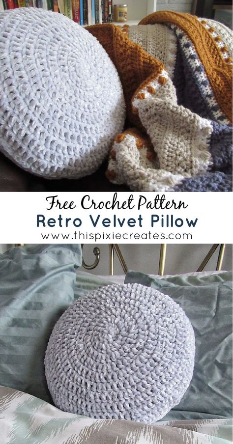 Add a touch of retro to your home with this retro velvet circle pillow. This pillow cover uses less than 1 skein of yarn, and the pattern is easily customizable to fit any sized pillow insert. The free crochet pattern is beginner friendly, and includes step-by-step pictures to help you along the way! Circle Pillow Knitting Pattern, Easy Crochet Throw Pillows, Crochet Easy Pillow, Crochet Pillow For Beginners, Crochet Pillow Cover Velvet Yarn, Velvet Yarn Crochet Pillow, Crochet Velvet Pillow Cover, Crochet Chenille Pillow, Crochet Meditation Cushion