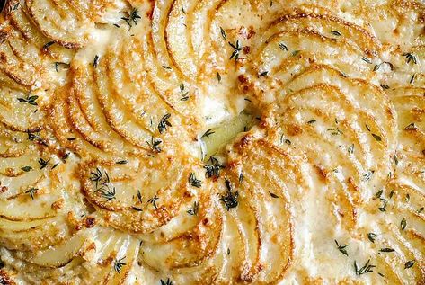 Crispy Parmesan and Gruyere Potato Gratin Crispy Parmesan And Gruyere Potato Gratin, Potato Gratin Recipe, Creamy Garlic Sauce, Yukon Gold, Potato Gratin, Holiday Eating, Creamy Garlic, Potato Dishes, Fresh Thyme