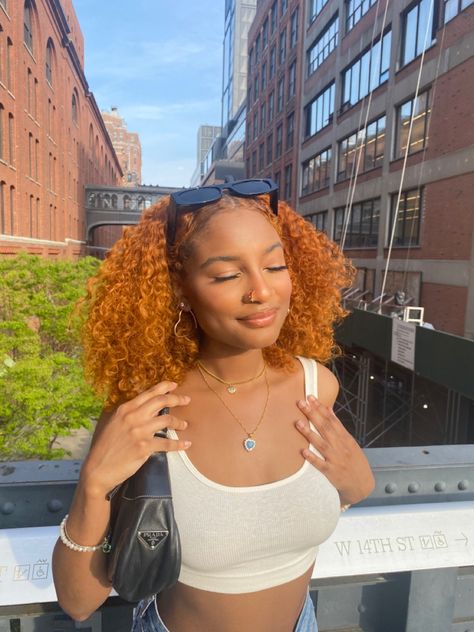 Light Skin Colored Hair, Orange Dyed Hair Black Women, Ginger Hair Black Women Curls, Ginger Hair And Black Eyebrows, Black Ginger Woman, Honey Blonde Ginger Hair Black Women, Ginger Black Women Hair, Ginger Hair Fits, Ginger On Light Skin Black Women