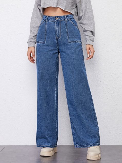 Medium Wash    Denim Plain Wide Leg Embellished Non-Stretch  Women Denim Stylish Jeans Top, Colored Denim Jeans, Wide Leg Jeans Outfit, Mode Ulzzang, Outfits Con Jeans, Looks Jeans, High Rise Wide Leg Jeans, Denim Ideas, Stylish Jeans