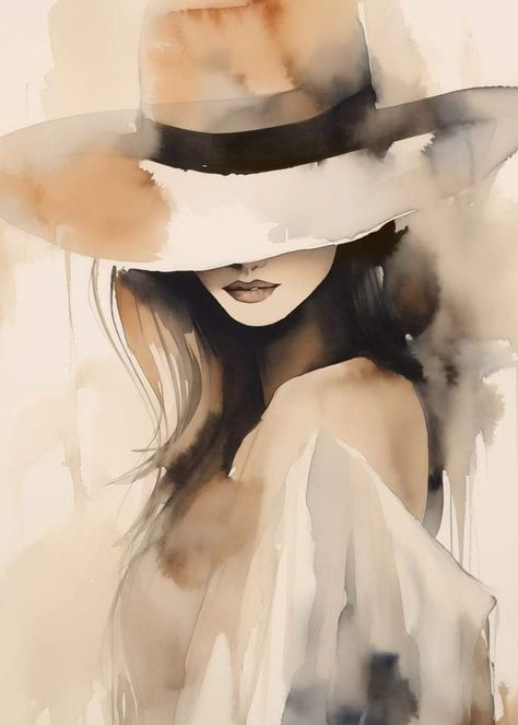 Watercolor Portrait Painting, Fashion Art Prints, Large Oil Painting, Female Art Painting, Wearing A Hat, Painting Still Life, Watercolor Portraits, Girly Art, Woman Painting