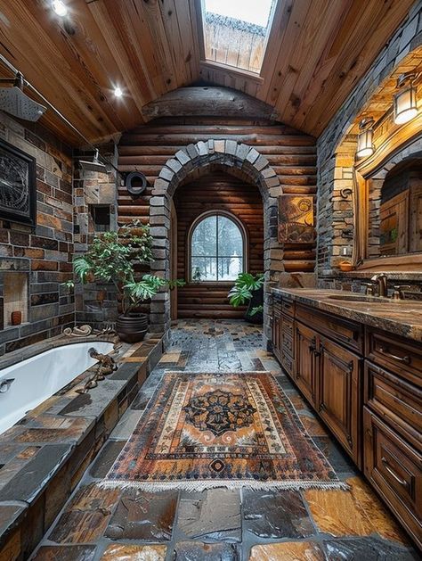 Log Homes | Very Nice 😍 | Facebook Rustic Bathroom Ideas, Hunting Signs, Cabin Bathroom, Cabin Aesthetic, Rustic Ideas, Rustic Log Cabin, Cabin Bathrooms, Rustic Bathroom Designs, Bathroom Farmhouse Style